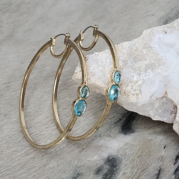 Gold-Tone Hoop Earrings with Aquamarine Accents - Picture 4 of 5